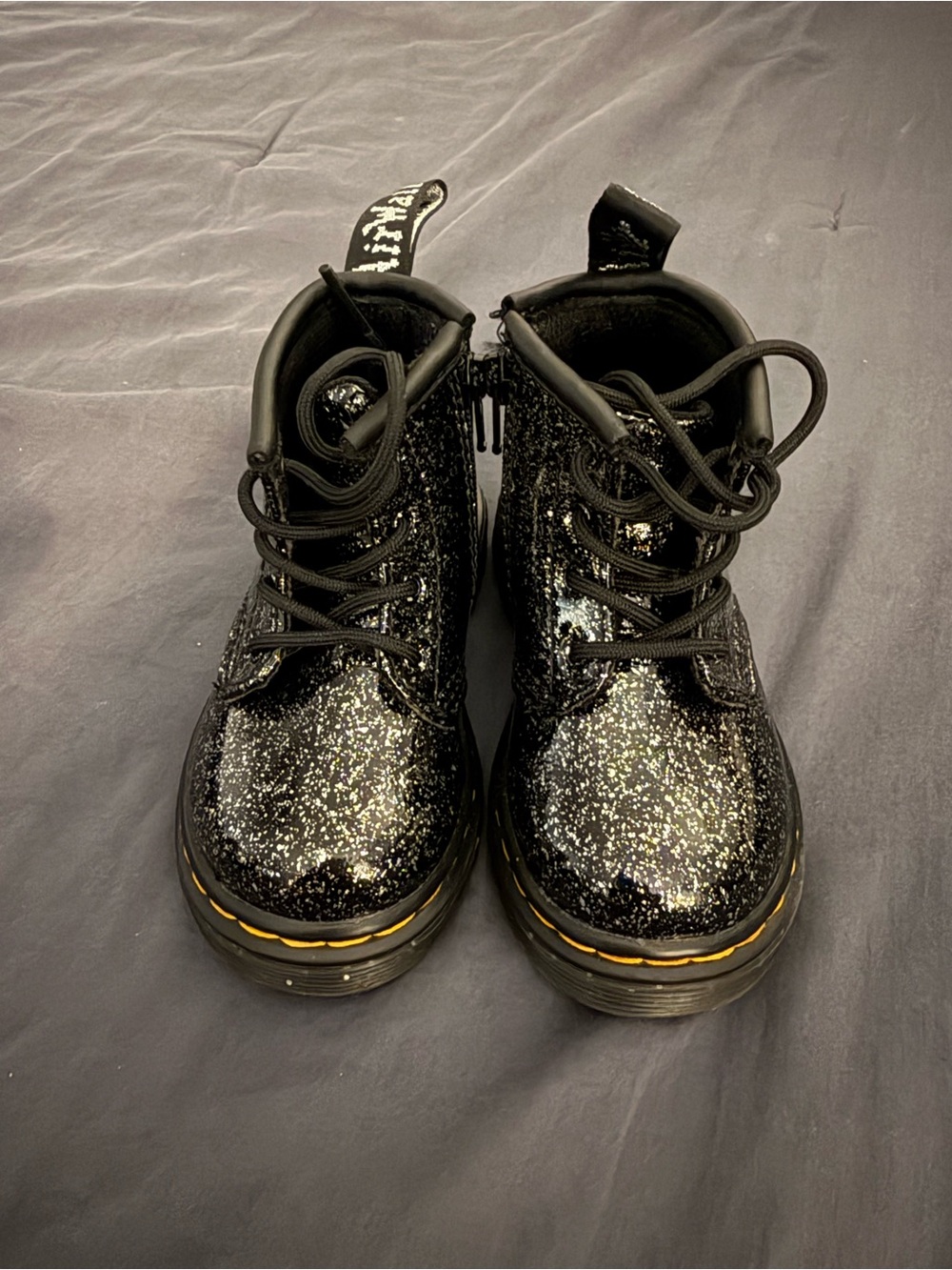Dr. Martens Kids Black Glitter Lace-Up Ankle Boots with Yellow Stitching